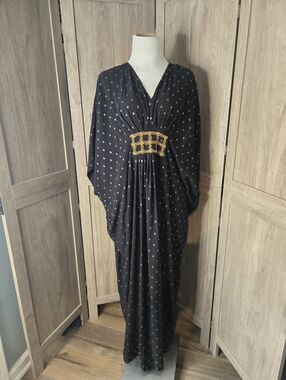 Plus Size Black Viscose Maxi Dress with Gold Detail Polka Dot Beach Summer